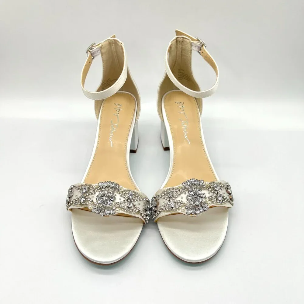 Betsey Johnson Size 8 Mel‎ Ivory White Satin Jeweled Heels Dress Sandals Shoes